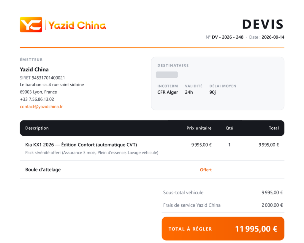 Exemple de devis Yazid China