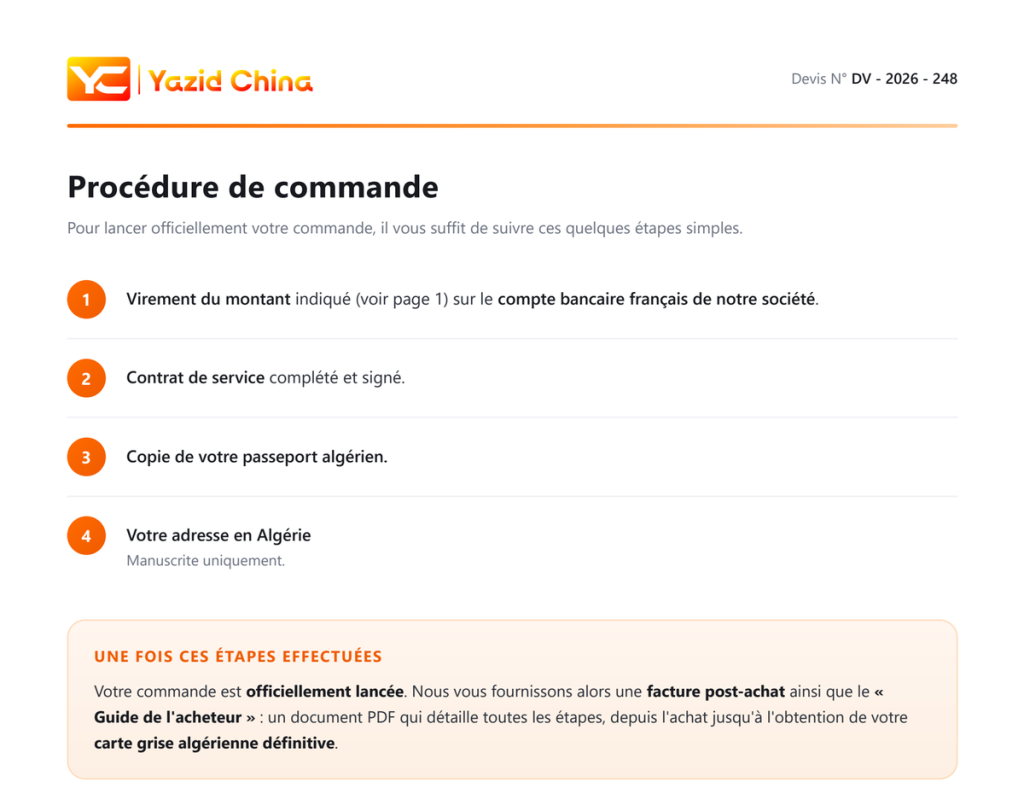 Procédure de commande : virement, contrat de service, passeport et adresse en Algérie