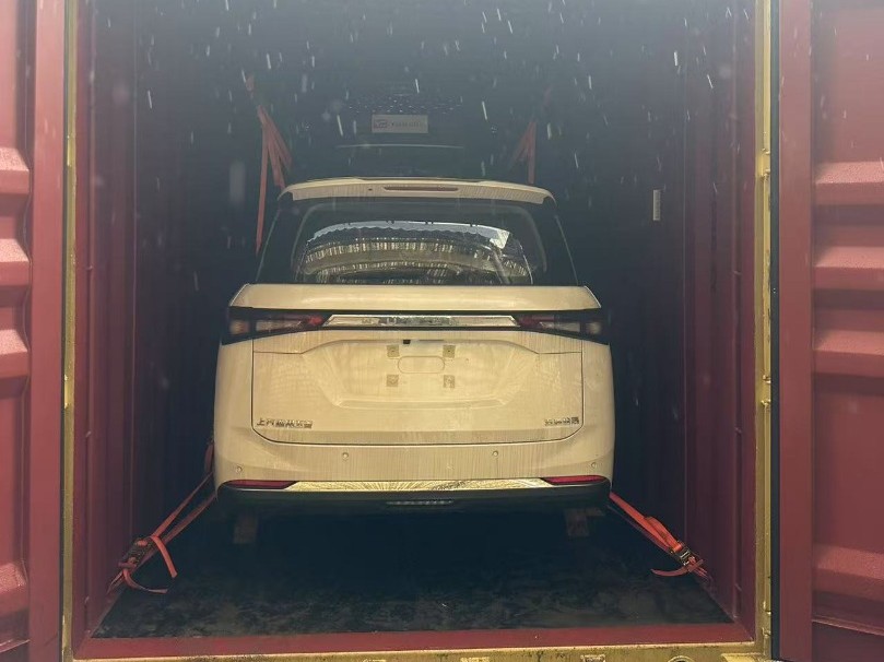 Véhicule arrimé dans son conteneur, portes ouvertes